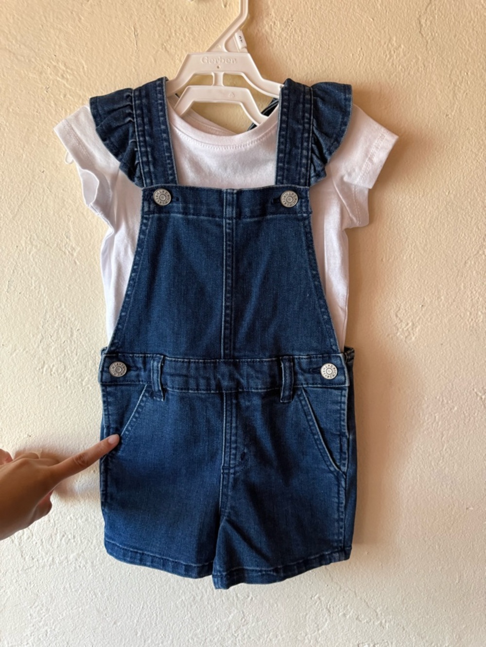 Toddler Girls' Dark Blue Denim Shortalls with White Tee